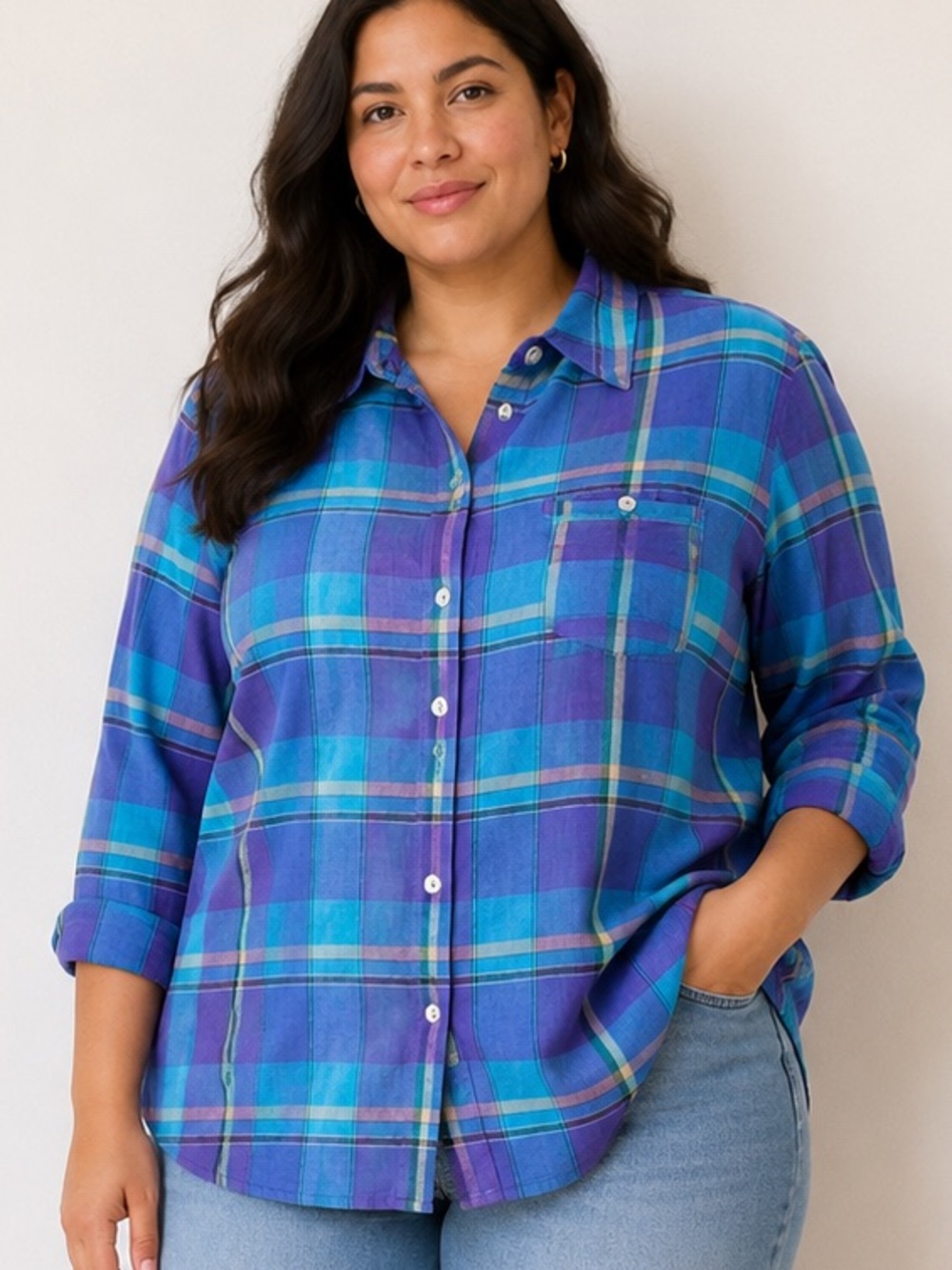 Chico's Vintage 100% linen Blue & Teal Plaid Button-Up Shirt 12
